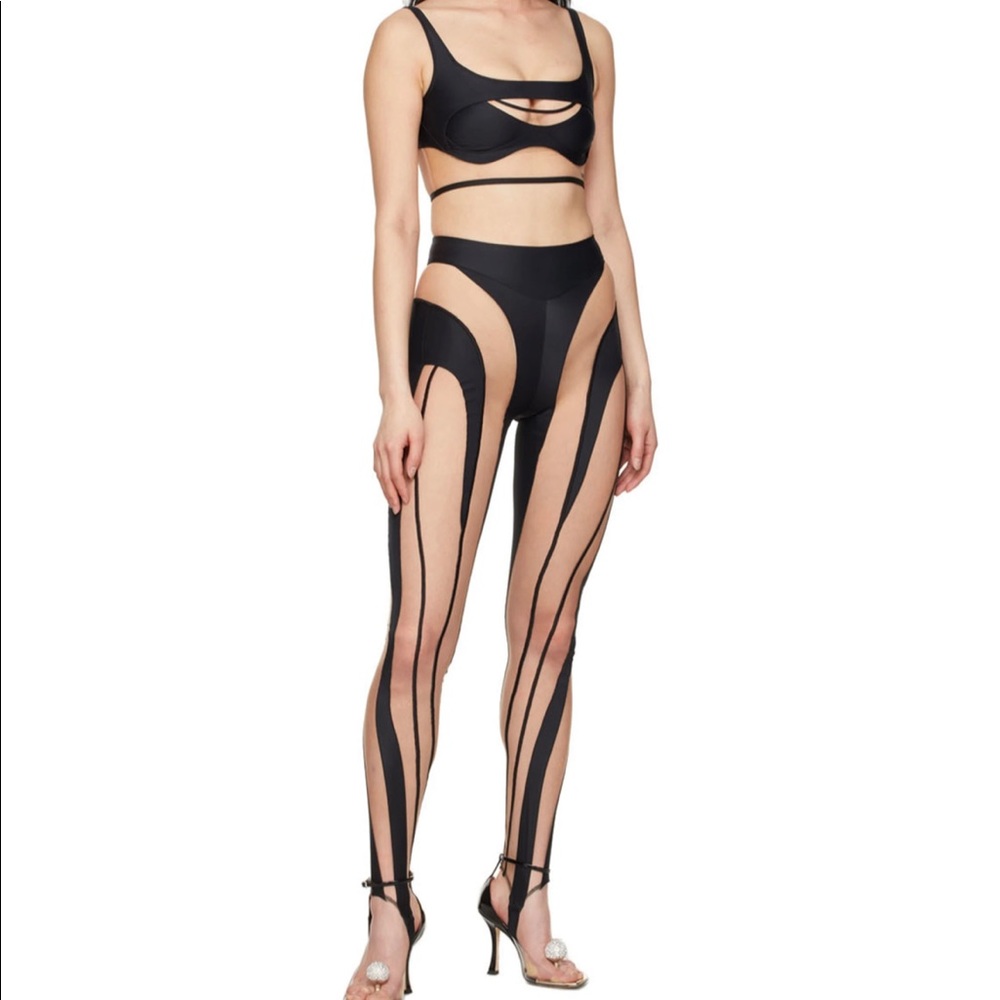 Mugler Illusion Mesh Sports Bra and Sheer Spiral Stirrup Leggings